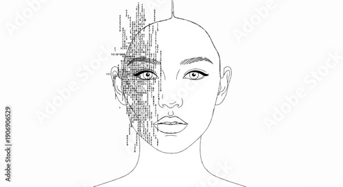 Line drawing of a face with one half digitally rendered with binary code