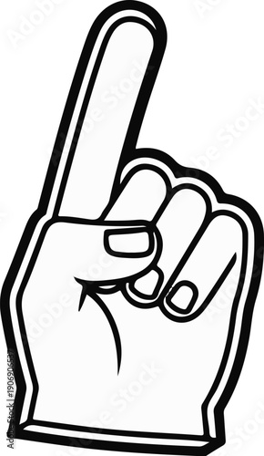 Line art depiction of a foam finger, gesture of one, black and white