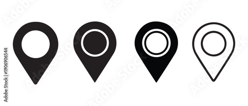 Four black map pin icons with white circles on white background