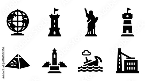 Icon set of global landmarks in bold silhouette style