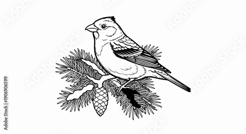 Line drawing of a finch on a pine branch with a pinecone