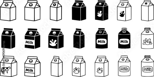 Milk carton package different style icon set. Line, solid and filled outline colorful icon, vector sign and symbol. Milk icon for grocery dairy product and food icon use