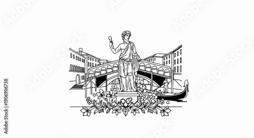 Line art depicts a statue with a bridge, buildings, gondola, and floral elements