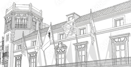 Line drawing of a grand building with flags and ornate windows