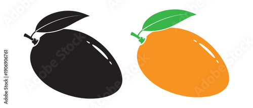 Mango fruit icons with green leaves on white background