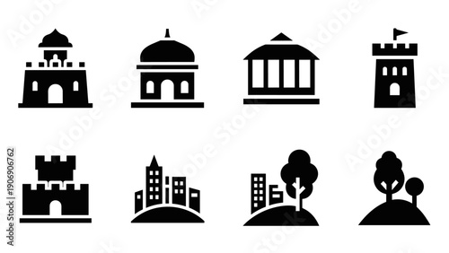 Silhouette castle and city icons set: fortresses, towers, trees, urban landscapes