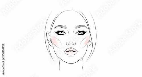 Line art face with makeup, highlighting eyes, lips, and cheeks