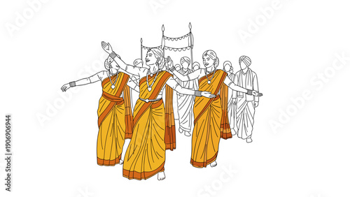 Traditional indian dance procession in festive attire with celebratory gestures