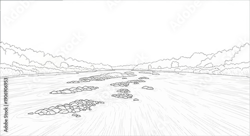 Gentle river flows past scattered rocks and lush, tree-lined banks