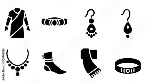 Minimalist black icon set of traditional clothing accessories