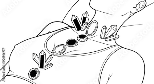 Line art illustration of a person's upper body adorned with crystals and jewels