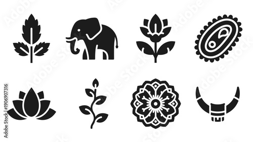 Silhouette icons of asian art: cultural symbols in black and white