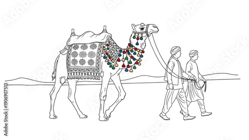 Desert caravan: traditional camel with decor and handlers in linear art