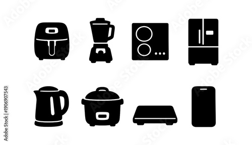 Essential kitchen appliances: air fryer, blender, stove, refrigerator, kettle, rice cooker, scale, smartphone