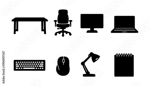 Office essentials icons: desk, chair, monitor, laptop, keyboard, mouse, lamp, notepad