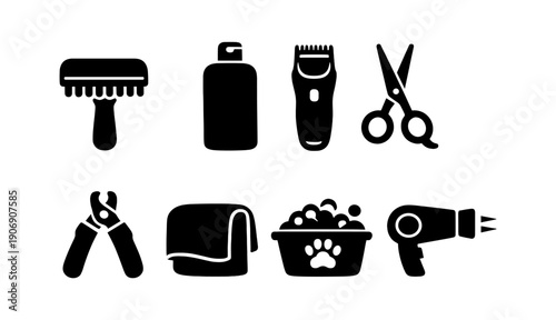 Essential pet grooming tools: brush, shampoo, clippers, scissors, nail trimmer, towel, bath, dryer icons