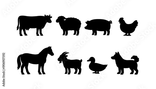 Silhouette collection of farm animals: cow, sheep, pig, chicken, horse, goat, duck, dog