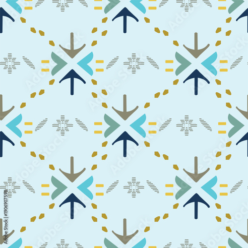Modern tribal seamless pattern featuring abstract arrows and geometric shapes. High-quality vector background for textiles, wallpaper, and boho decor.