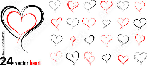 Hand drawn one-line heart icons in red and black, minimal continuous line vector shapes with brush stroke look, romantic love symbols isolated on white background.