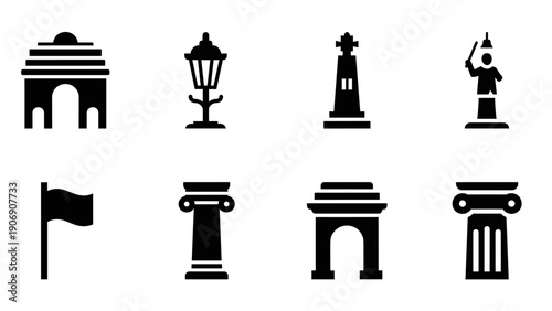Icon set of historical monuments and landmarks in simple silhouette style