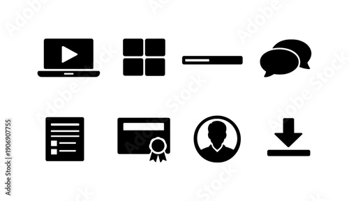 Set of black minimalist icons for digital media and user interface design