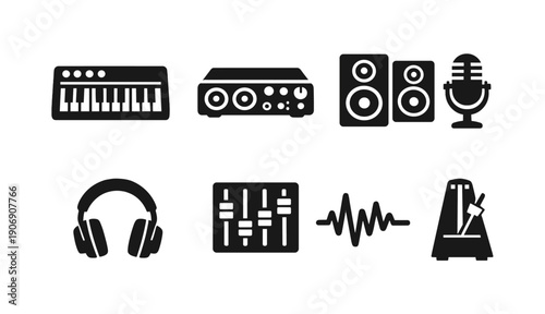 Music production icons: keyboard, mixer, speakers, microphone, headphones, equalizer, soundwave, metronome