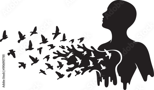 Silhouette of a person with birds flying out freely