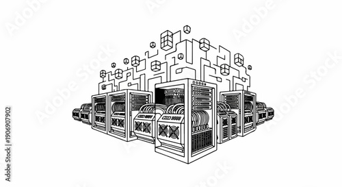 Intricate network of servers and cubes, digitally connected