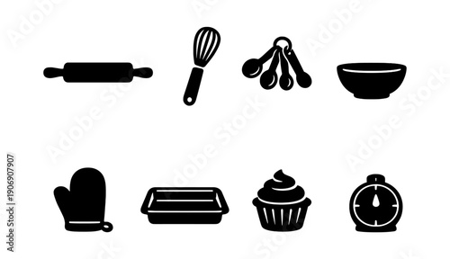 Baking essentials icons: rolling pin, whisk, measuring spoons, bowl, mitt, pan, cupcake, timer