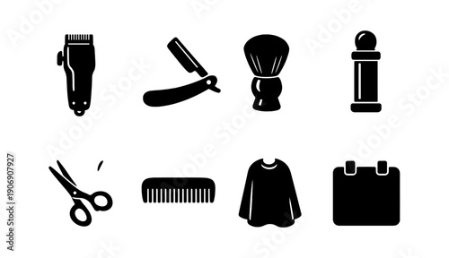 Barber tools icons: clipper, razor, brush, scissors, comb, cape
