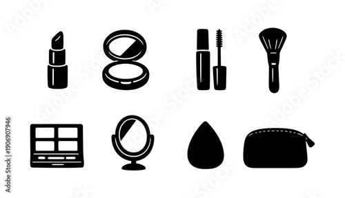 Collection of makeup icons including lipstick, compact, mascara, brush, palette, mirror, sponge, bag