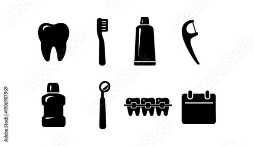Dental care icons: toothbrush, toothpaste, braces, floss, tooth, mouthwash