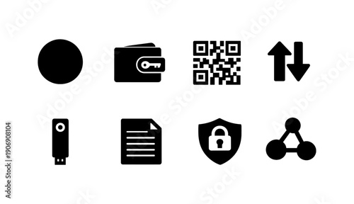 Digital icons: circle, wallet, qr code, arrows, usb, document, security shield, network