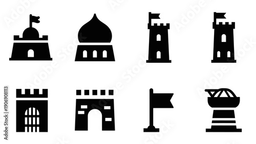 Silhouette fortress icons featuring towers and flags in black and white