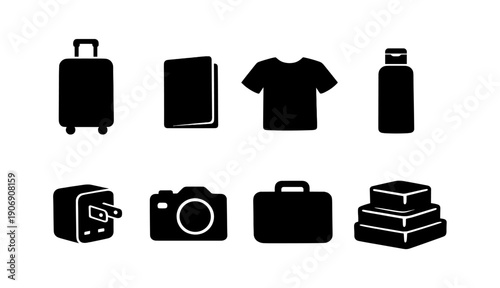 Travel icons: suitcase, passport, t-shirt, bottle, adapter, camera, briefcase, towels