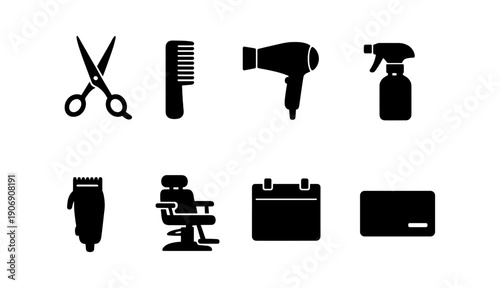 Black silhouette icons of hair salon tools and equipment