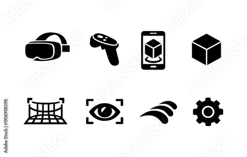 Virtual reality icons set: goggles, controller, smartphone, cube, mesh, eye, signal, gear