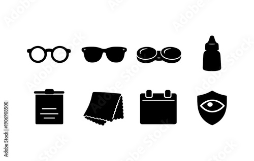 Essential eye care icons: glasses, contact lenses, eye drops, cleaning cloth, calendar, protection