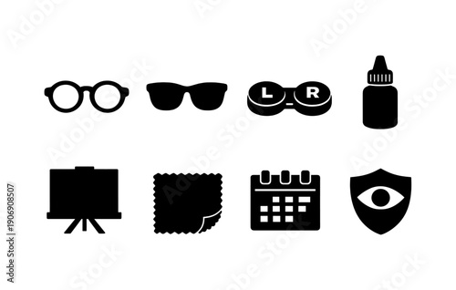 Eyewear and accessories icons: glasses, contacts, solutions, protection, calendar