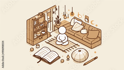 Cozy Home Meditation Illustration with Mindfulness and Calm Atmosphere