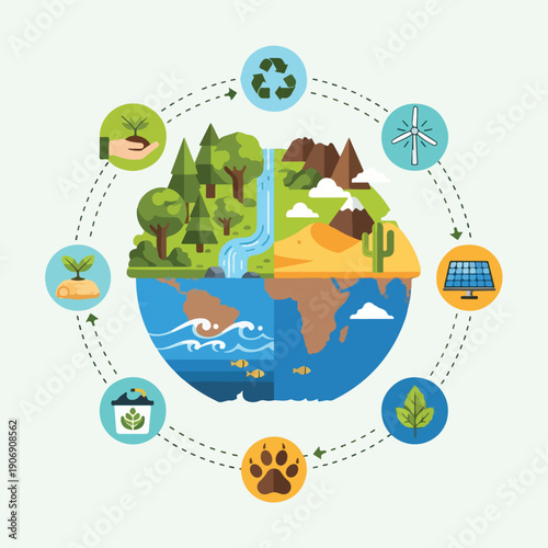 Graphic illustrating environmental concepts around planet Earth