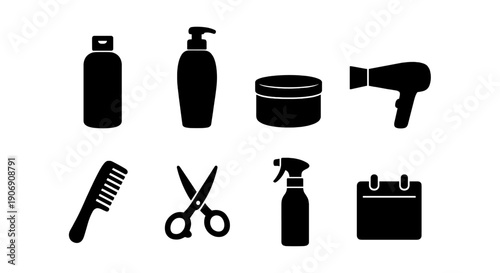 Silhouette icons of haircare and styling tools: shampoo, hairdryer, comb, scissors