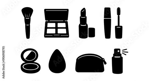 Essential makeup tools and cosmetics icons set in black
