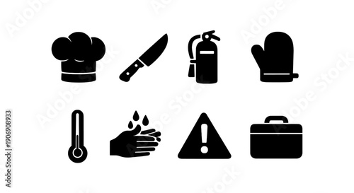 Silhouette icons: chef hat, knife, fire extinguisher, glove, thermometer, handwashing, caution sign, first aid kit