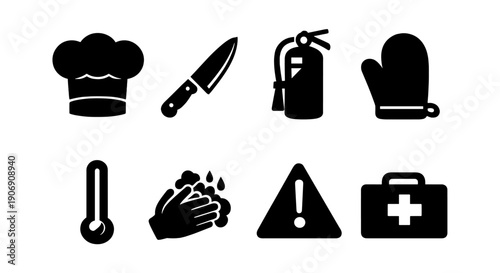 Kitchen safety icons: chef, knife, fire extinguisher, mitt, thermometer, handwashing, warning, first aid