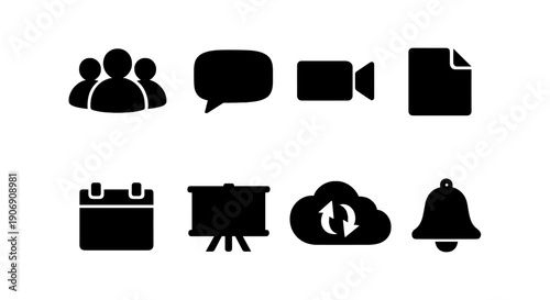 Set of eight bold black communication and office icons on white background