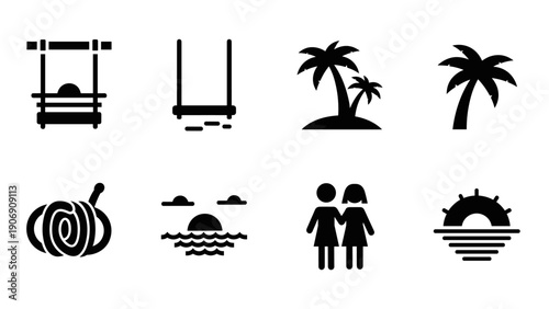 Minimalist summer icons: beach, palm trees, sunset, and friends