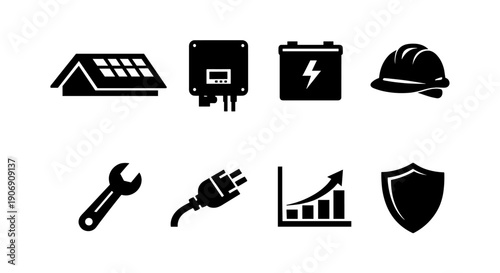 Solar energy icons set featuring panel, battery, toolkit, and growth chart