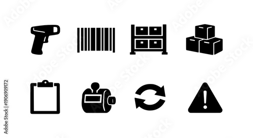 Warehouse inventory icons: barcode scanner, shelves, boxes, clipboard, register, refresh, alert