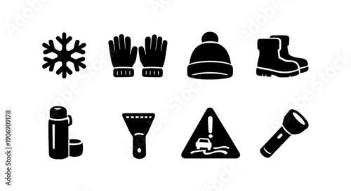 Winter essentials icons: snowflake, gloves, hat, boots, thermos, scraper, caution sign, flashlight